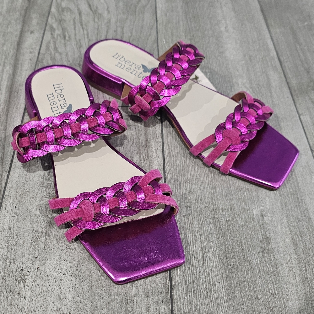 Nwt LIBERA MENTE Metallic Fuchsia Pink Leather Woven Slides Sandals 40/9.5